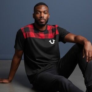 True Religion Men's #2 Large Football V Neck Short Sleeve T Shirt Black Size Med